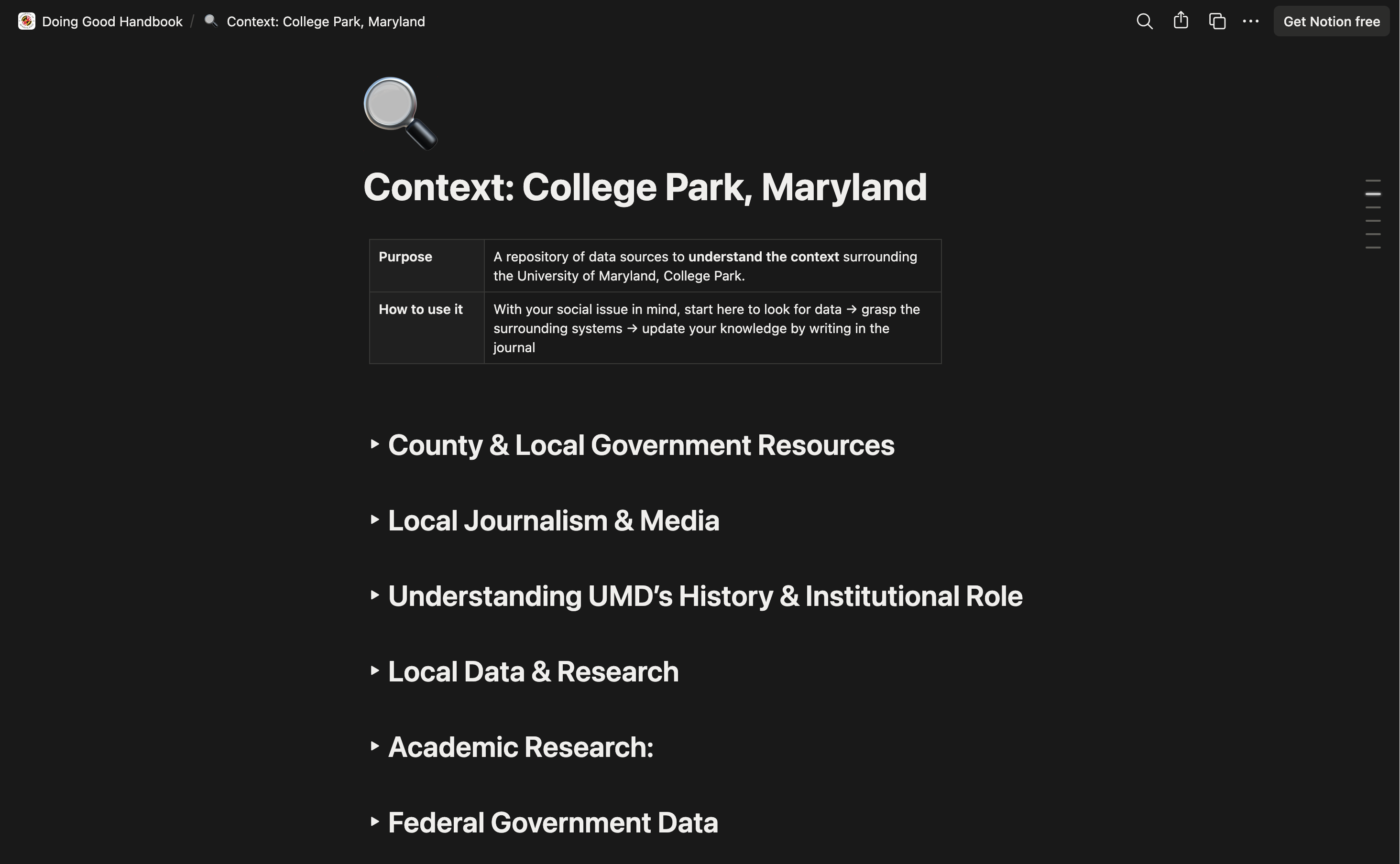 Community context resources page with local data and research references