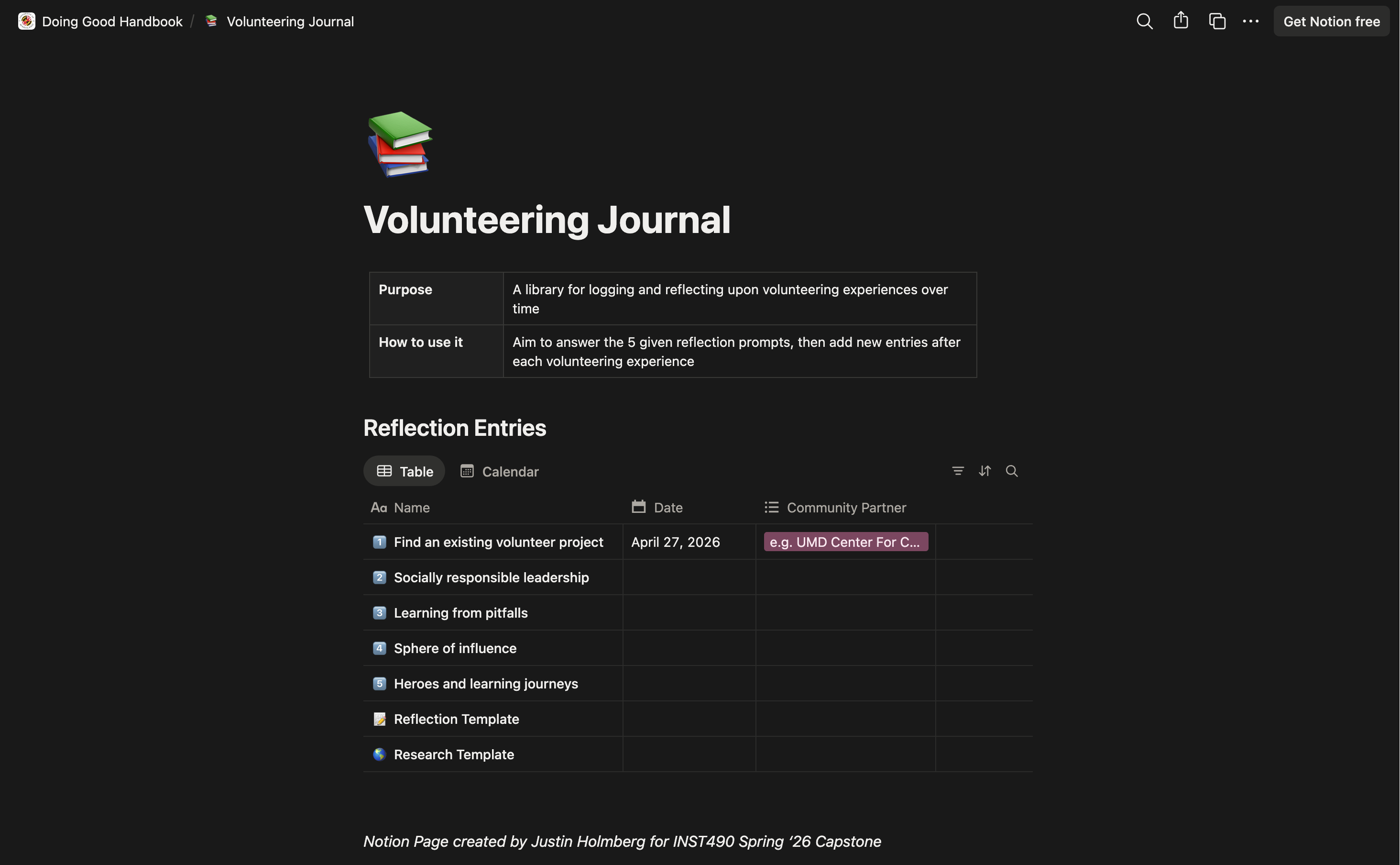 Personal journal template for documenting volunteer experiences and reflections