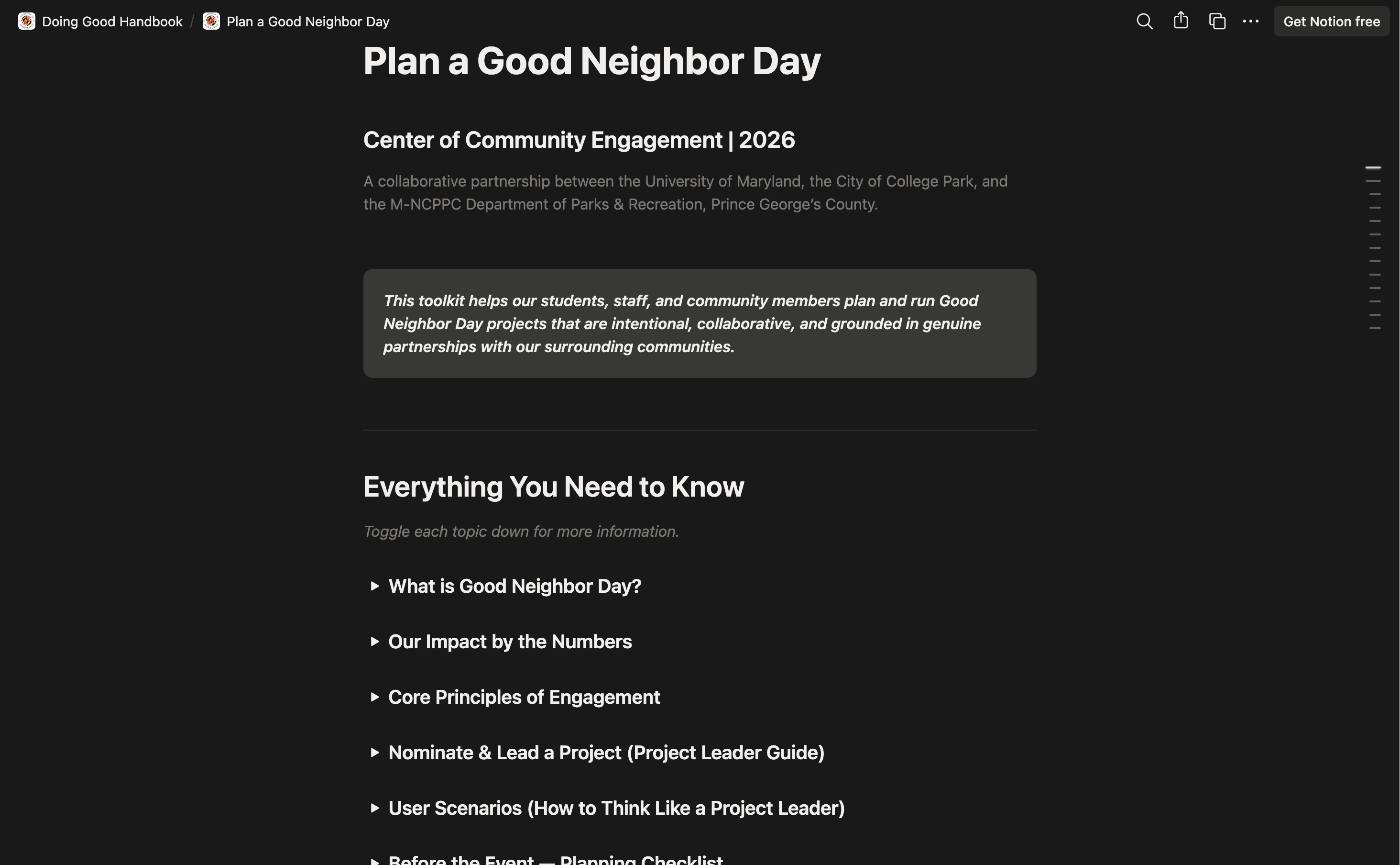 Good Neighbor Day planning toolkit page implemented
in Notion
