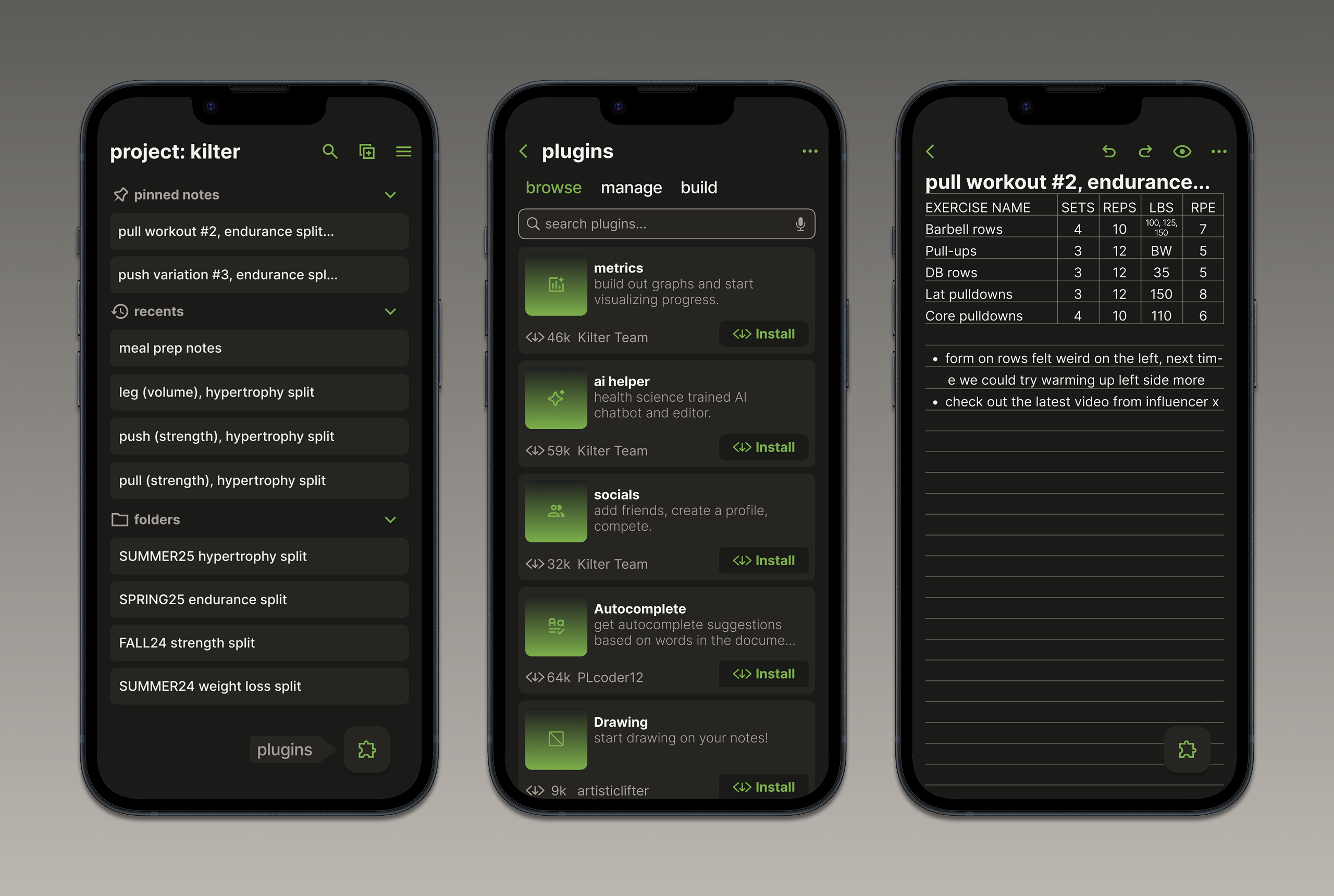 Three mobile UI mockups of project: kilter standing vertically next to each other.